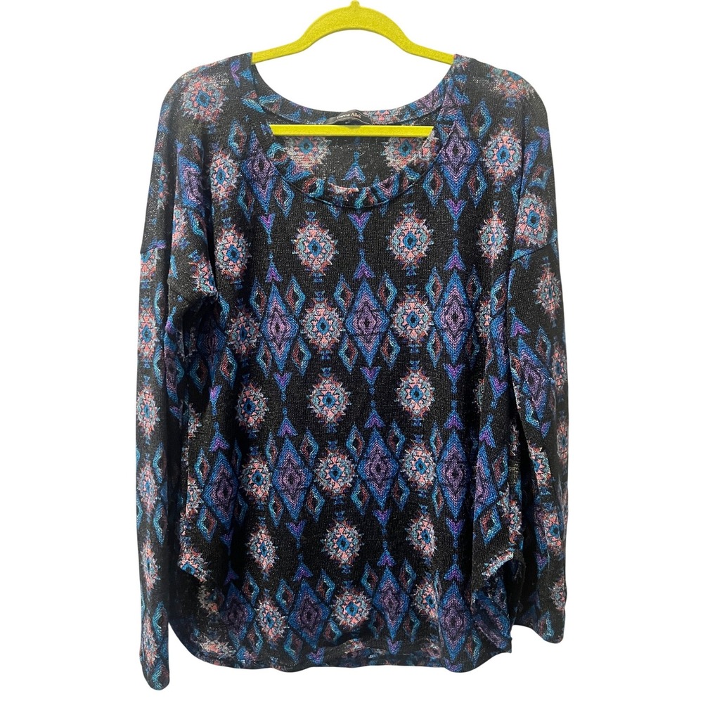 Carrie Allen Women's Long Sleeve Top Tunic‎ Shirt 3X Black Blue Stretch Artsy